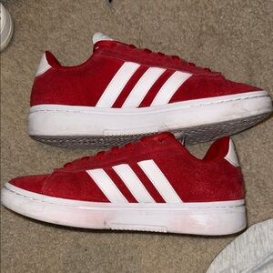 Adidas Red Suede Sneakers with White Stripes